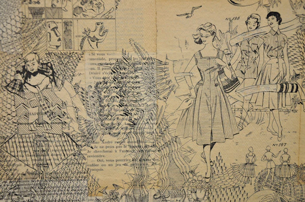 A collage of intricate black and white line drawings and text on a textured background. The scene includes a woman in a vintage dress holding a handbag, surrounded by abstract patterns and sketches resembling comic book panels and fashion illustrations. Texts in French are interspersed throughout the design, adding a vintage, literary element.