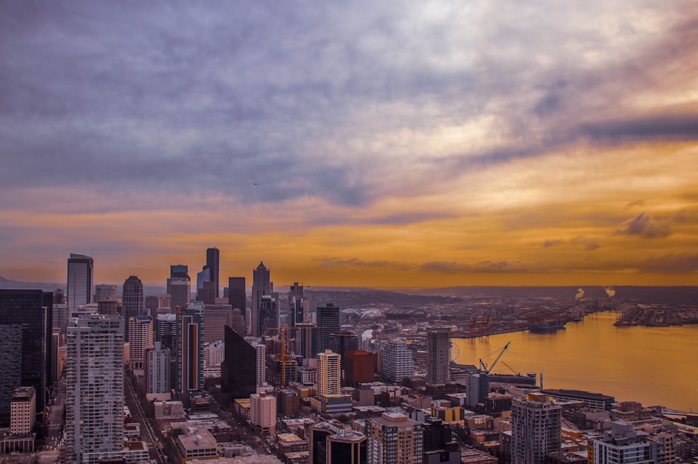 aerial photography of city during orange sunset