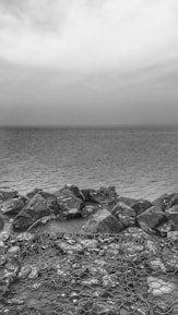 A grayscale photograph of a serene seascape featuring a rocky shoreline. The foreground is dominated by large stones covered with a wire netting. The vast expanse of the sea meets a cloudy sky at the horizon, creating a calm and peaceful ambiance.