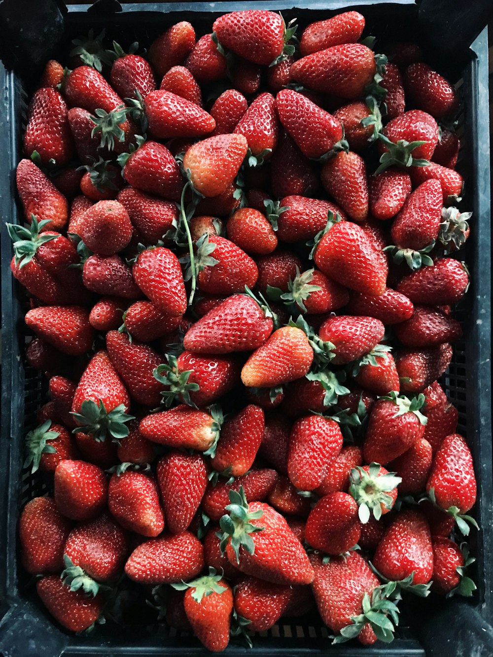 strawberry lot on black plastic crate