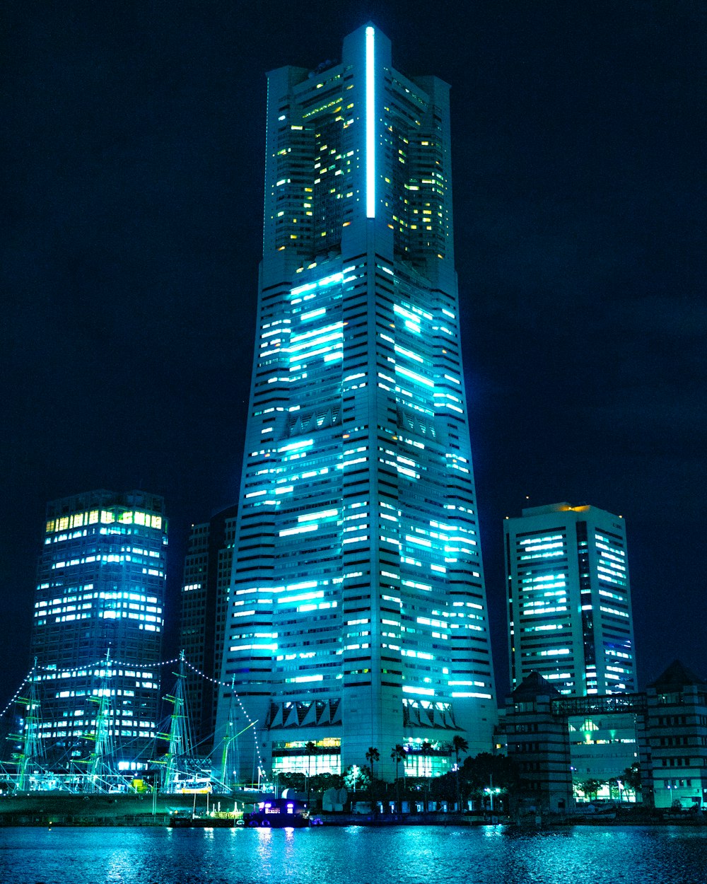 lighted mid-rise and highrise buildings