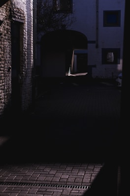 A dark alleyway with flickering streetlights and shadows.