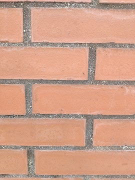 A section of a brick wall with horizontal rows of reddish-orange bricks and gray mortar in between.