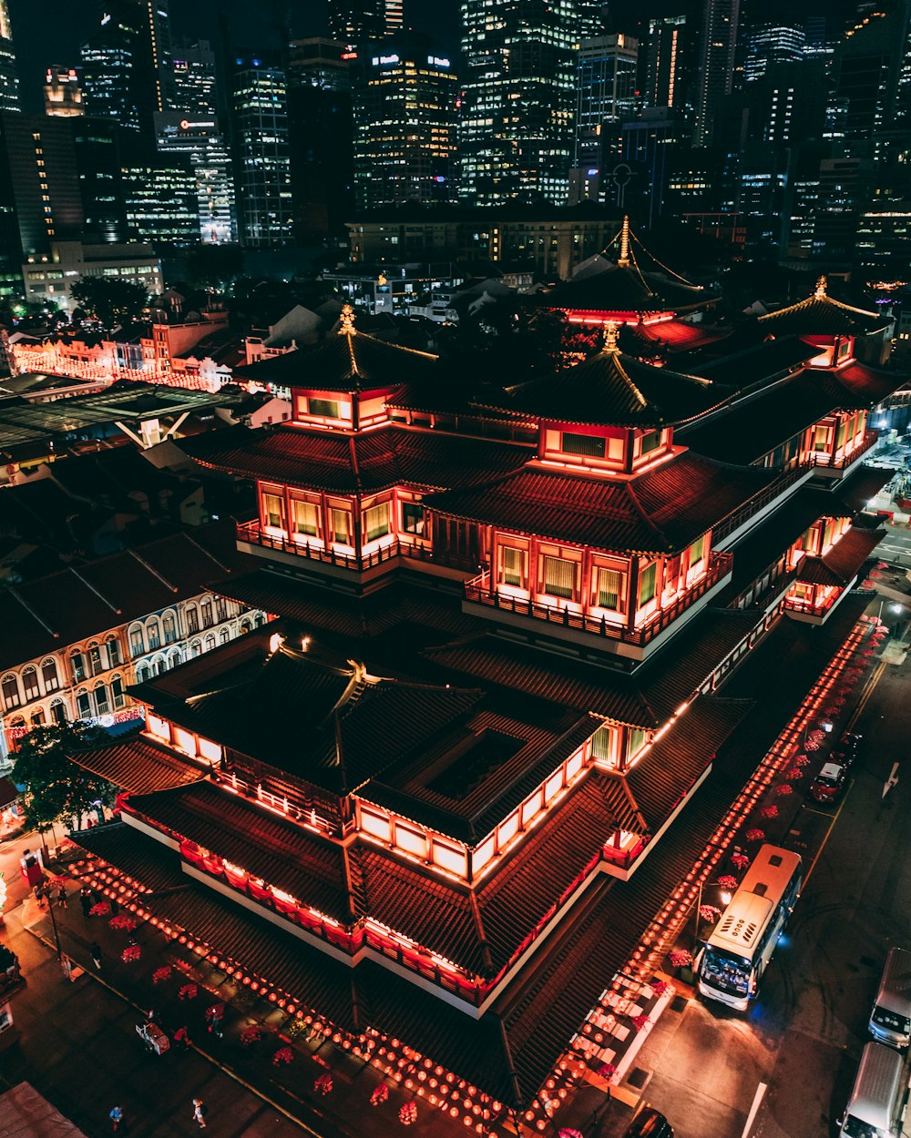 pagoda temple with lights at nighttime