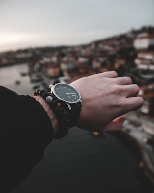 A wrist adorned with a silver luxury watch against a city skyline at dusk.