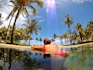 Smiling woman relaxing by a crystal-clear backyard pool under a sunny sky.