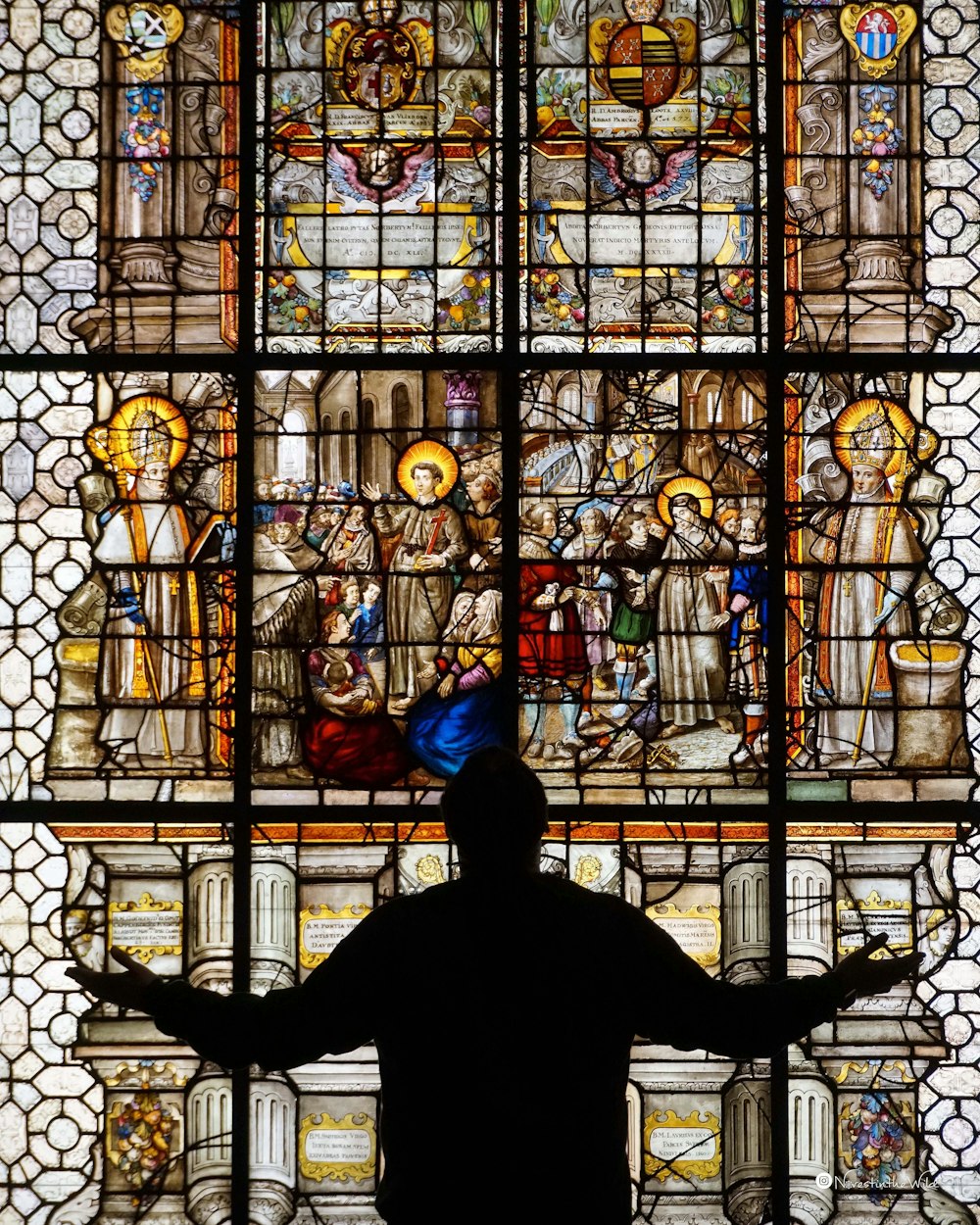 person spreading arms in front of glass