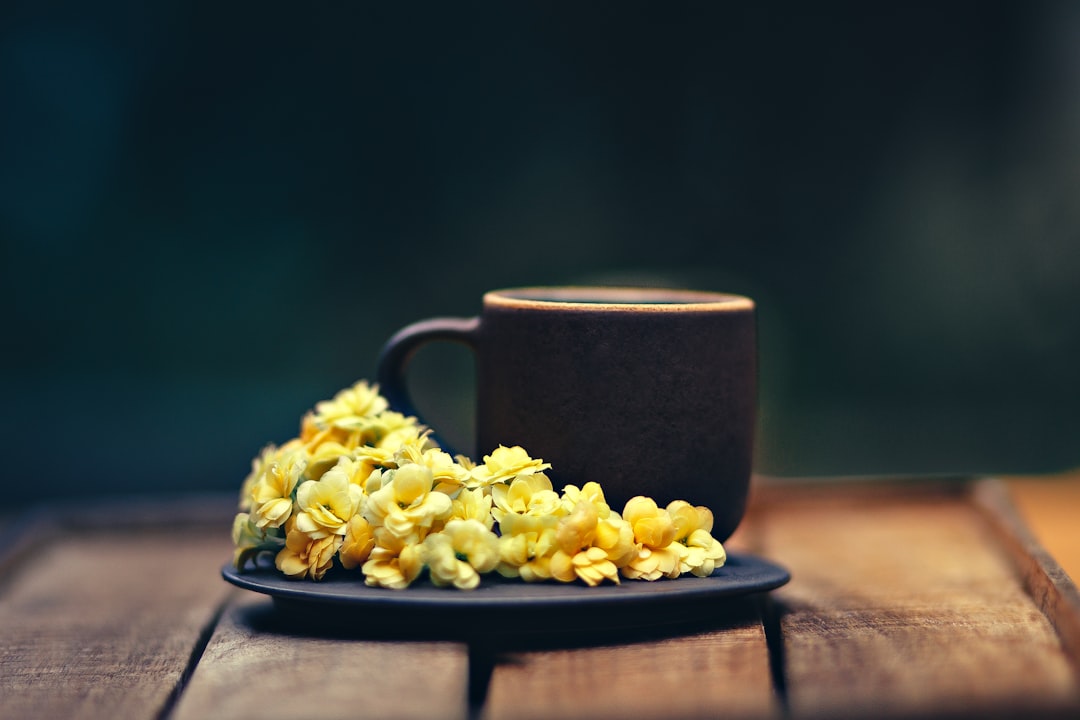 selective focus photography of yellow-petaled flowers beside black cup