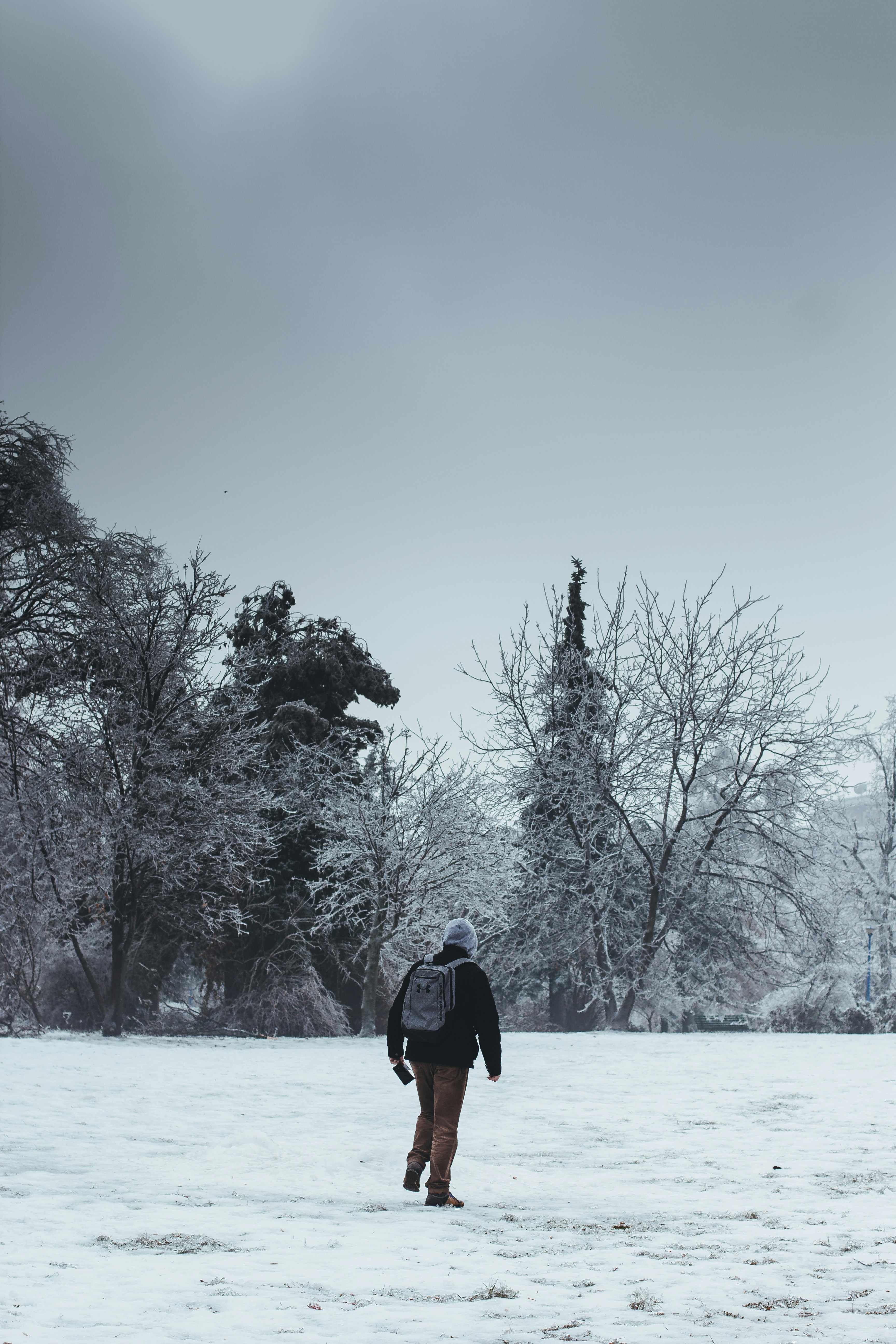 Person In Black Top And Brown Bottoms Standing On Snow Covered Field Photo Free Human Image On Unsplash