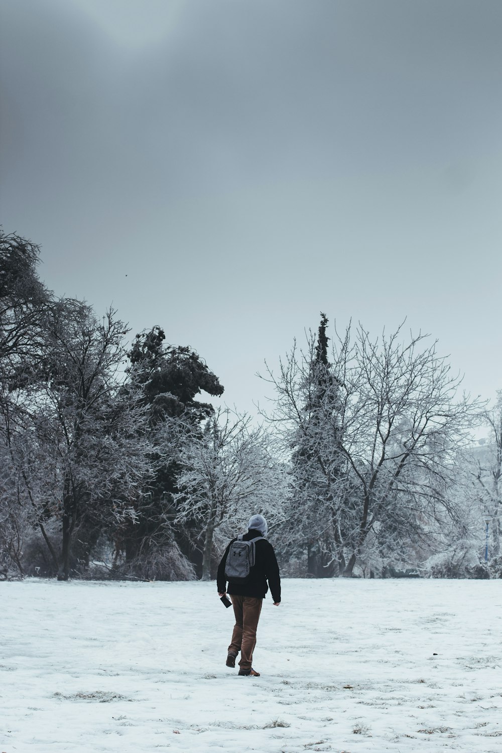 person in black top and brown bottoms standing on snow covered field