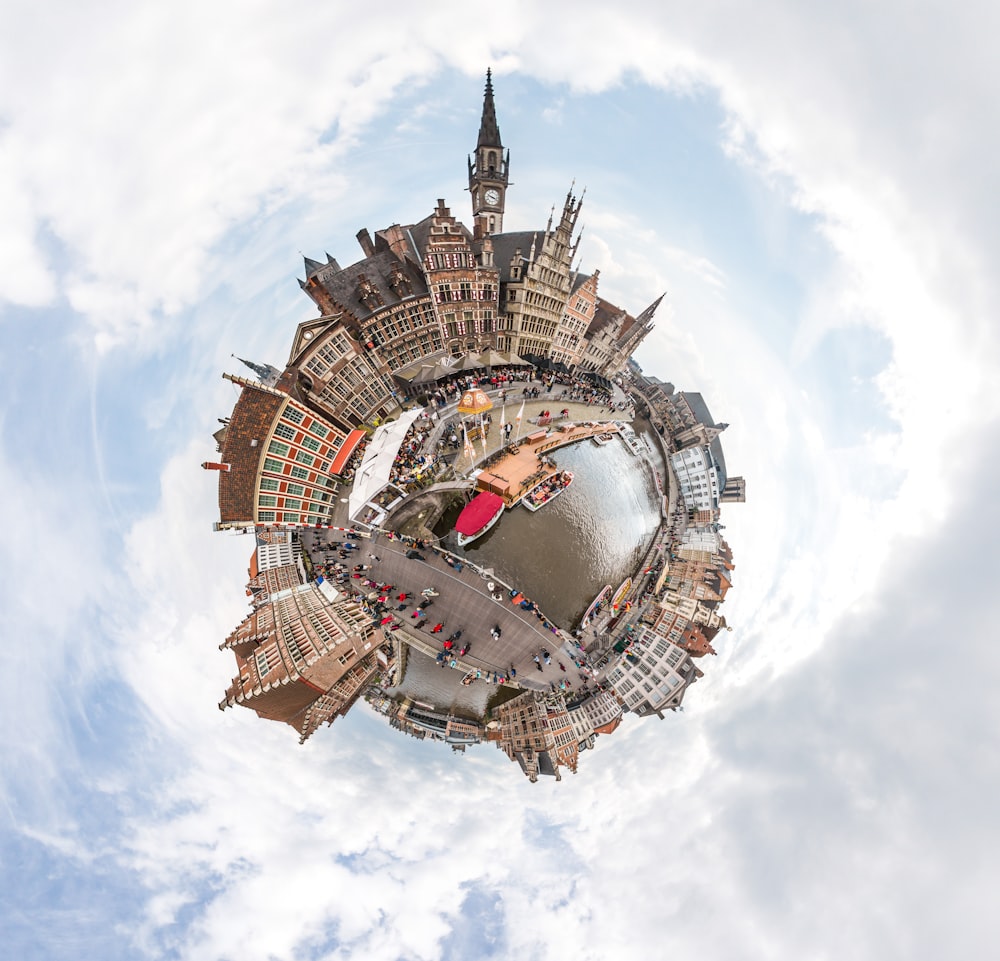 360 photography of building by the river with boats