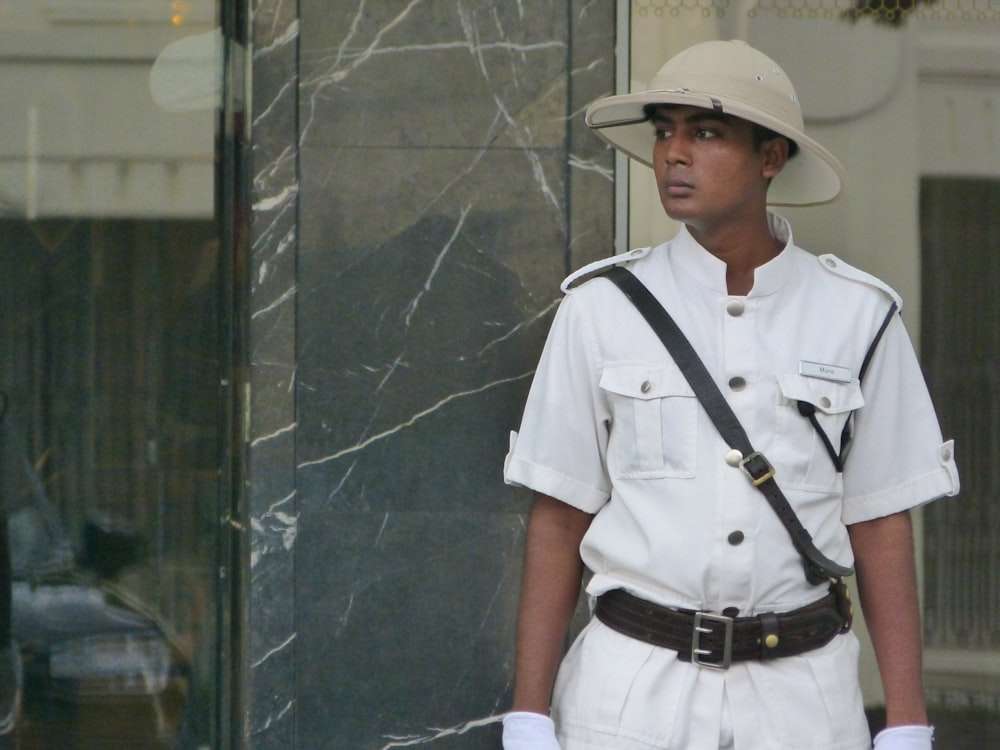 man in white soldier suit