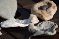 Close-up of shells and wool arranged thoughtfully on a rustic wooden table.