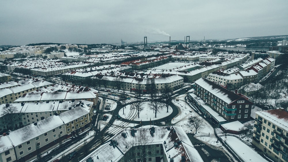 aerial view of building covered by snow