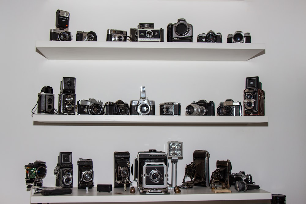Lote de cámaras negras y grises en el estante