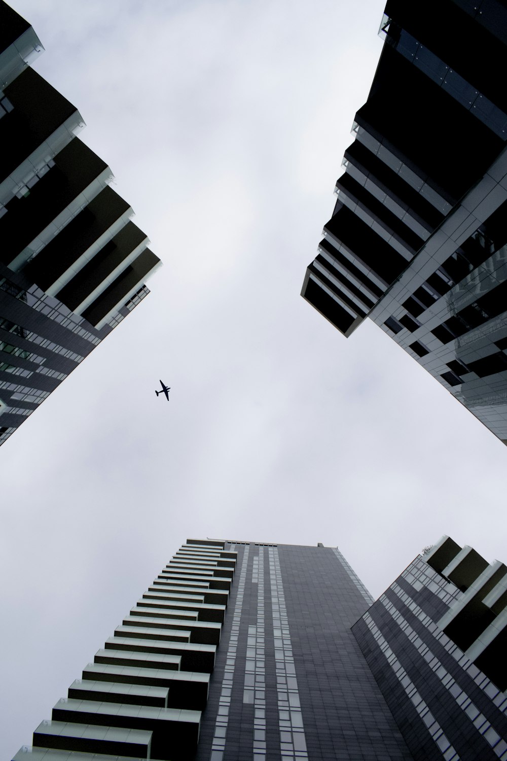 Photographie en contre-plongée d’un avion volant sous des bâtiments