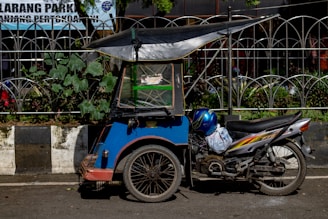 A blue motorized tricycle with a canopy parked on a street. The vehicle is adjacent to a curbside garden with green plants and is positioned in front of a metal fence. A blue helmet rests on the motorcycle seat.