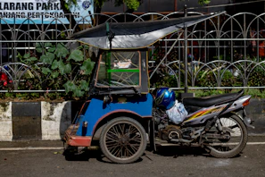 A blue motorized tricycle with a canopy parked on a street. The vehicle is adjacent to a curbside garden with green plants and is positioned in front of a metal fence. A blue helmet rests on the motorcycle seat.