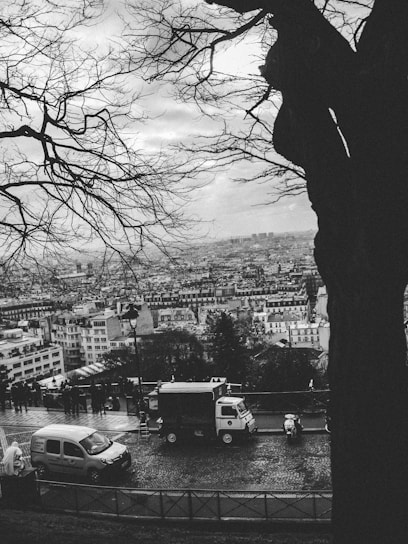 A black and white photograph of an urban landscape with a panoramic view over a city filled with buildings. In the foreground, bare tree branches frame the scene, and a street at a lower level shows several vehicles including vans and a scooter. People are gathered along a railing, possibly observing the cityscape.