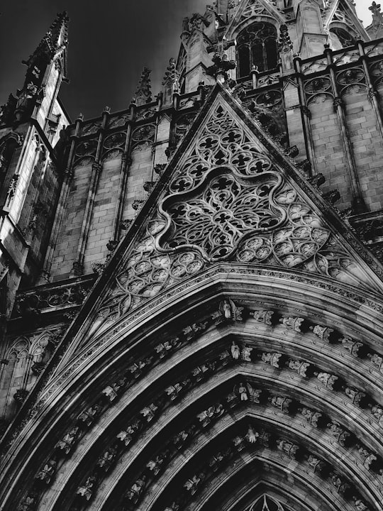 black and white cathedral photo in Cathedral of Barcelona Spain