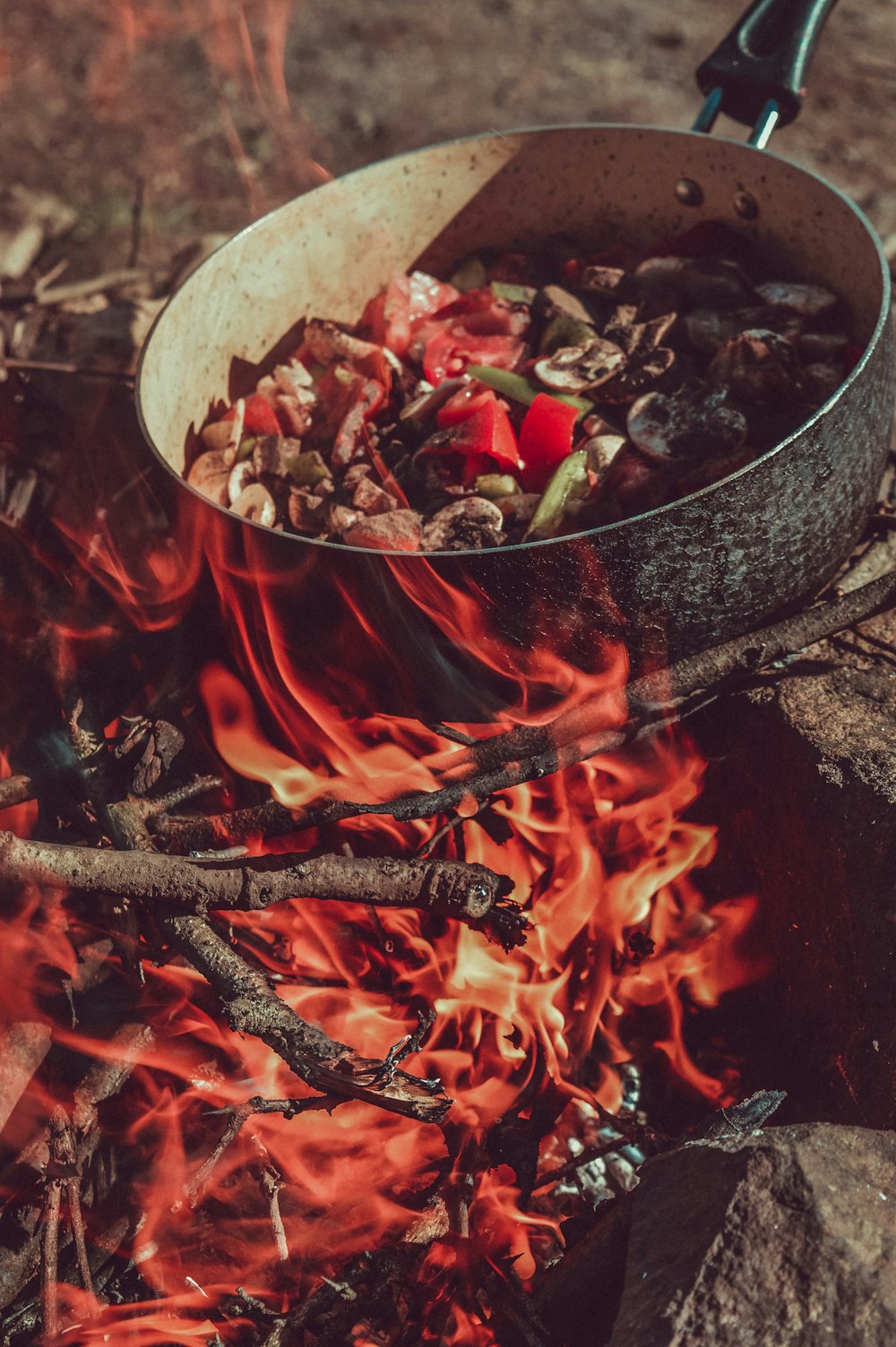 cooking food in pan over flame