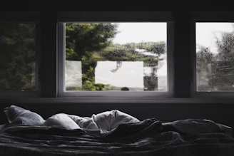 A cozy bed with soft blankets and a window view of autumn trees.
