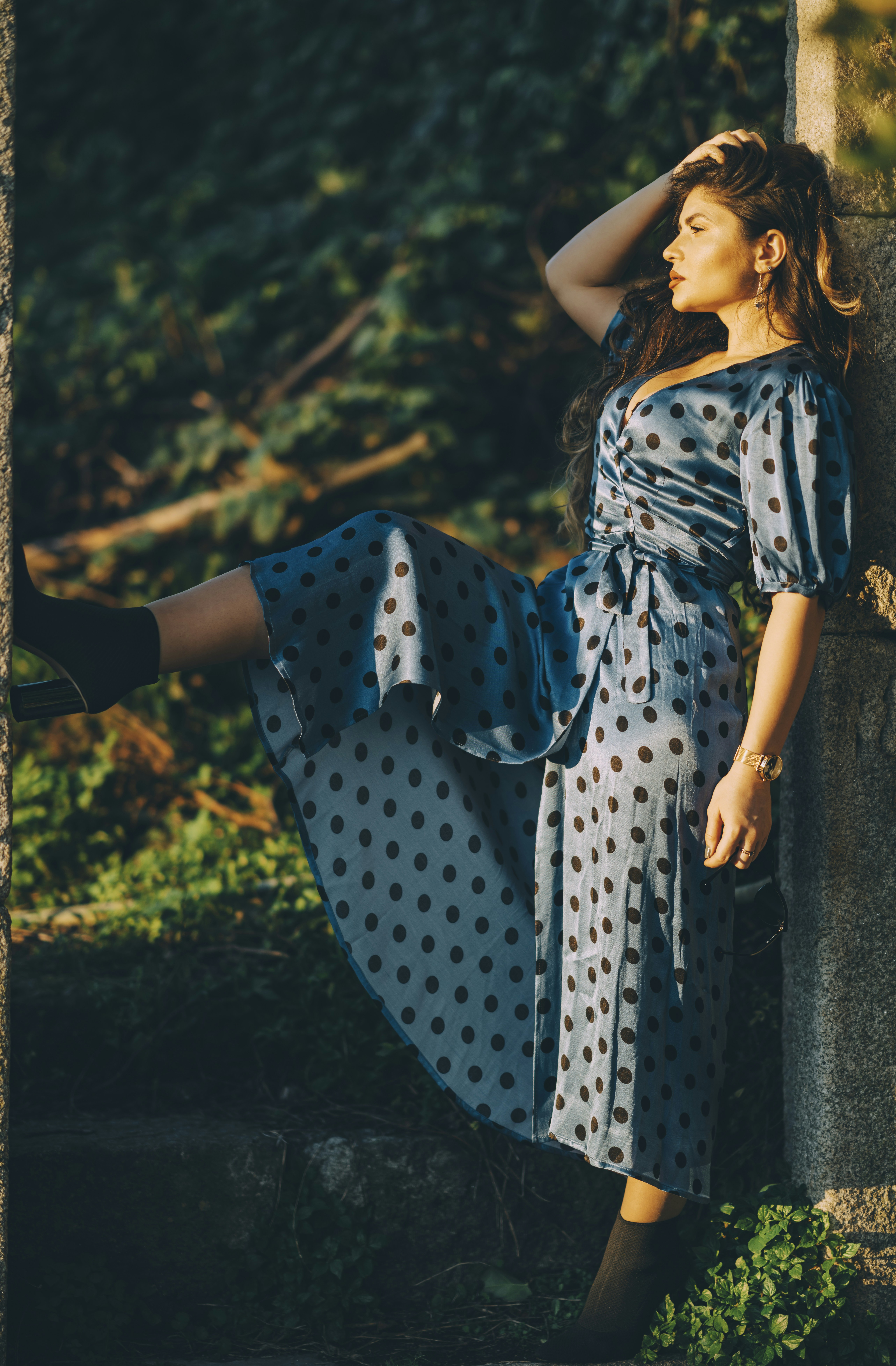 woman wearing blue dress