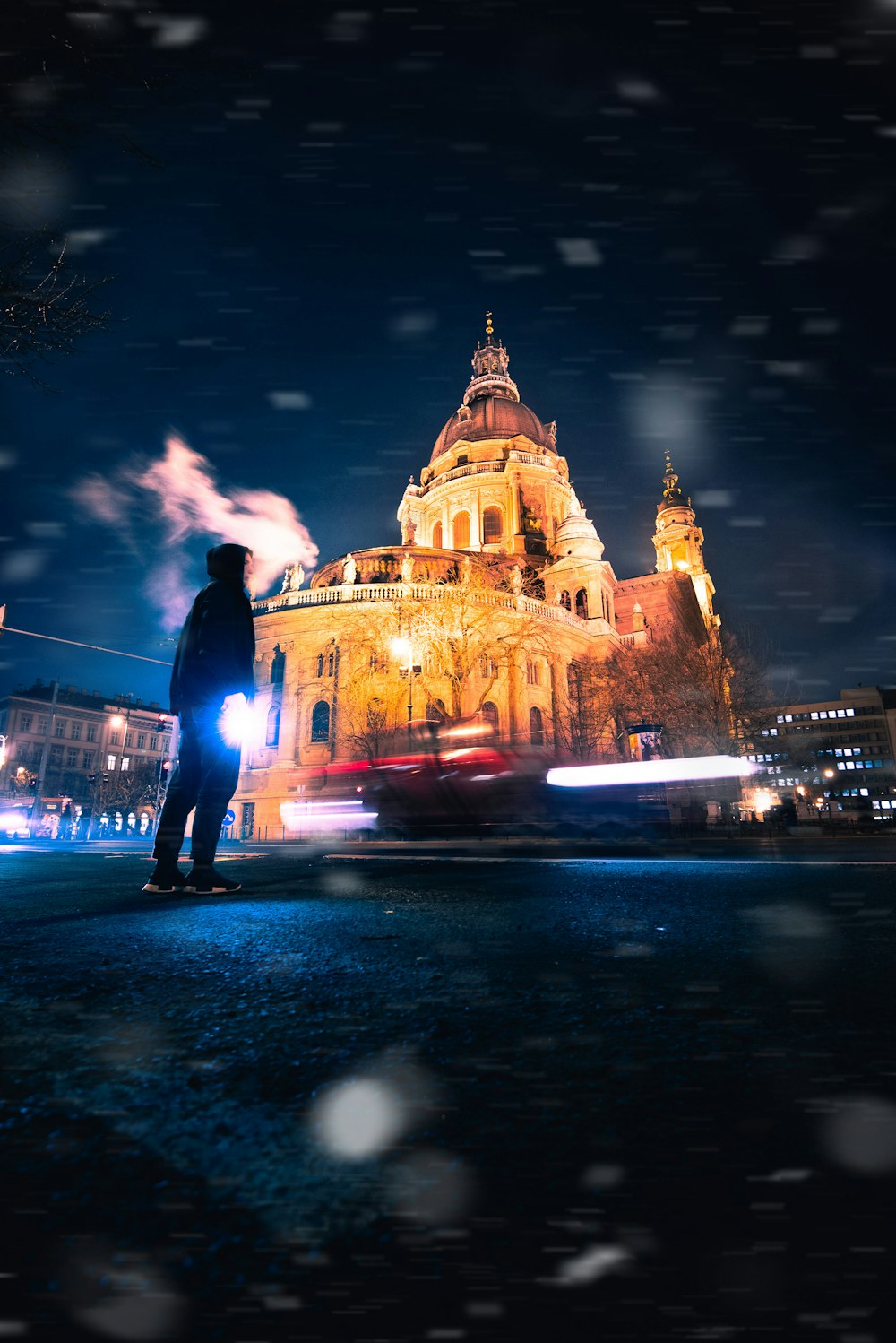 person standing in front of brown cathedral during nighttime