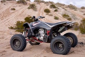 black ATV on brown soil