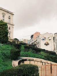 A cityscape featuring a large mural painted on the side of a building, depicting an abstract face with a prominent nose ring. The foreground includes a lush, green hill with manicured bushes and a curved stone path. The sky is overcast, adding a moody atmosphere to the scene. An older, classic-style building with large windows is situated on the left.