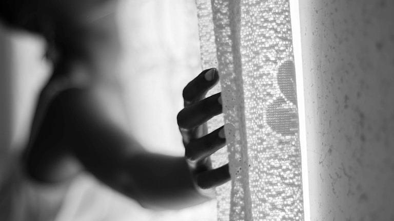 Hands holding a sample swatch of soft, light-filtering curtain fabric