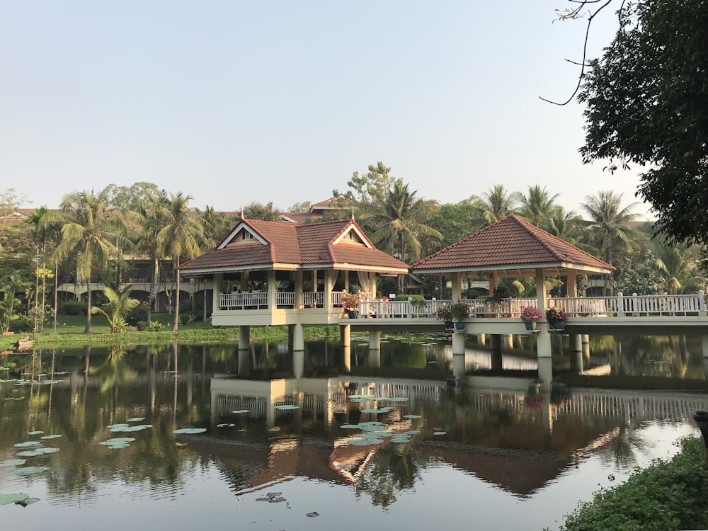 gazebo reflected on body of water during daytime