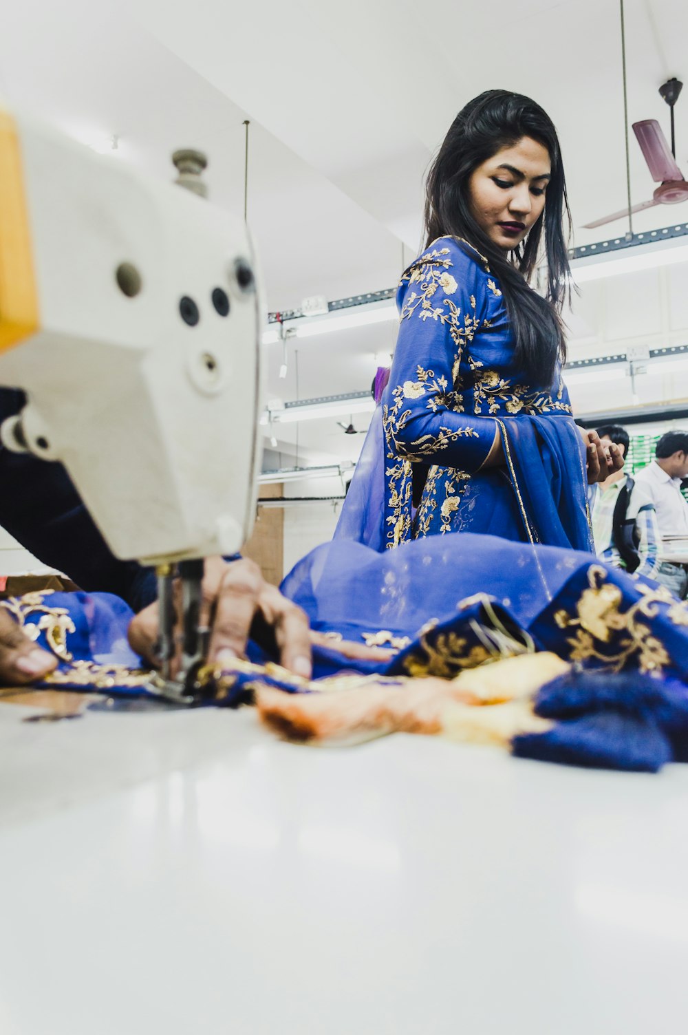 woman in blue sari dress