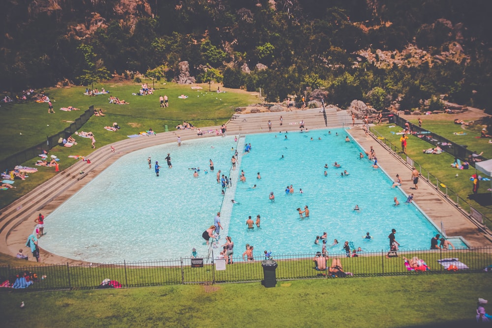 aerial view of people on swimming pool