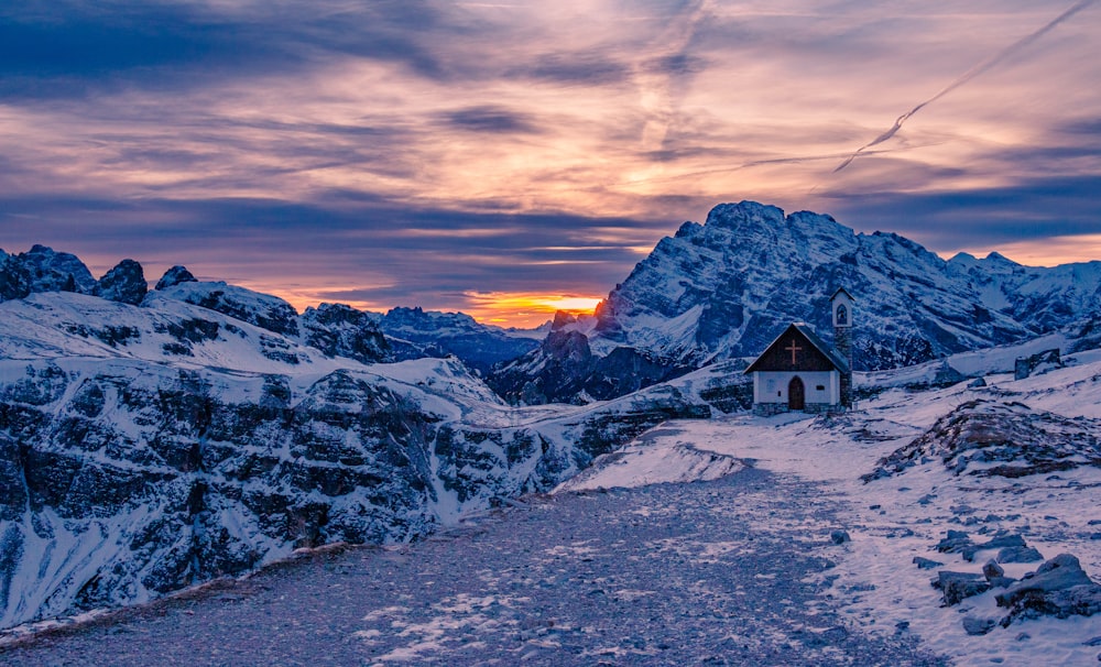 church with mountain background