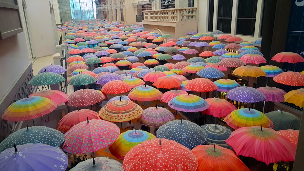 assorted-color umbrella near white building
