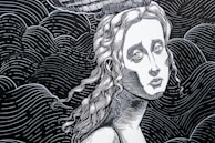 A whimsical drawing of a person gently drifting with flowing hair and subtle floral accents.