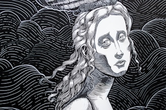 A monochromatic line art drawing of a person with flowing hair and a serene expression. The intricate lines create texture and depth in the hair and background, which consists of wavy lines.