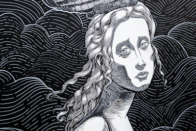 Monochrome illustration showing step-by-step digital portrait creation.