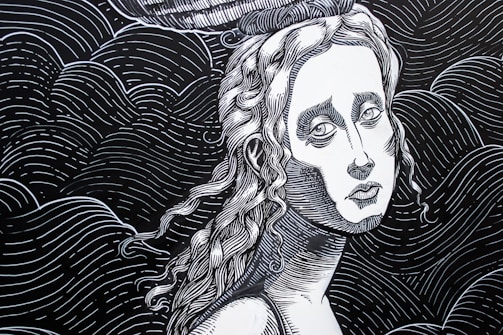 A monochromatic line art drawing of a person with flowing hair and a serene expression. The intricate lines create texture and depth in the hair and background, which consists of wavy lines.
