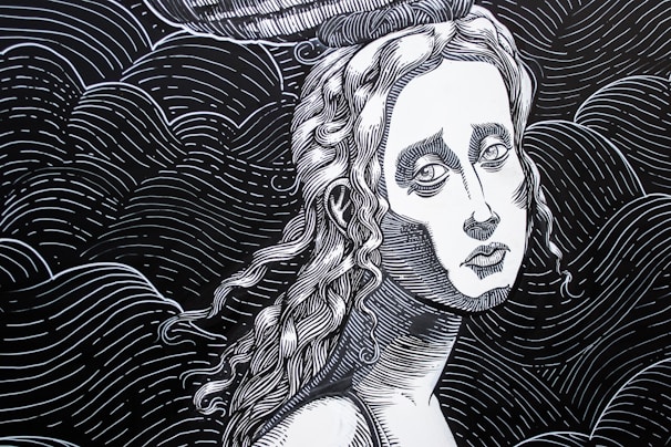 A monochromatic line art drawing of a person with flowing hair and a serene expression. The intricate lines create texture and depth in the hair and background, which consists of wavy lines.