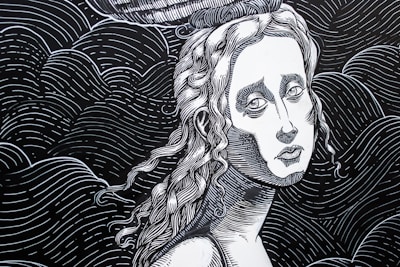 A delicate ink drawing of a face woven with swirling lines, capturing a moment of quiet introspection.