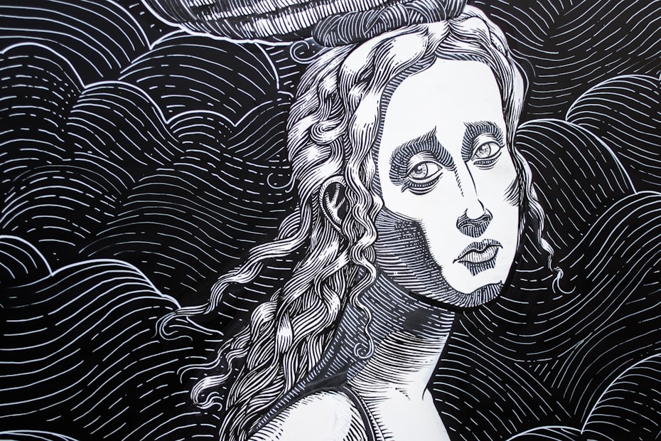 A monochromatic line art drawing of a person with flowing hair and a serene expression. The intricate lines create texture and depth in the hair and background, which consists of wavy lines.