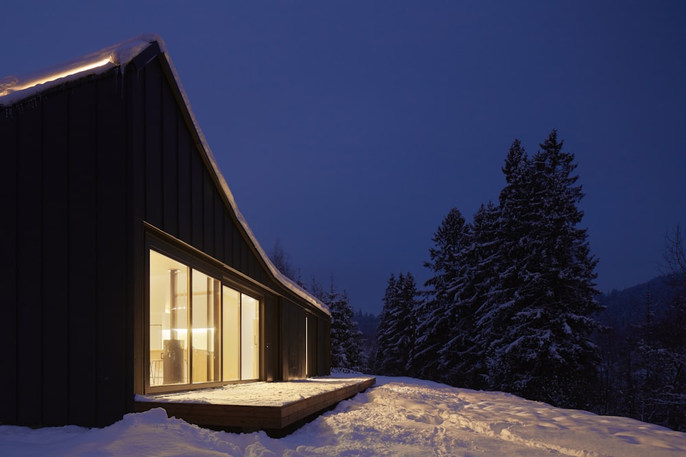 house with lights inside surrounded with snow covered pine trees