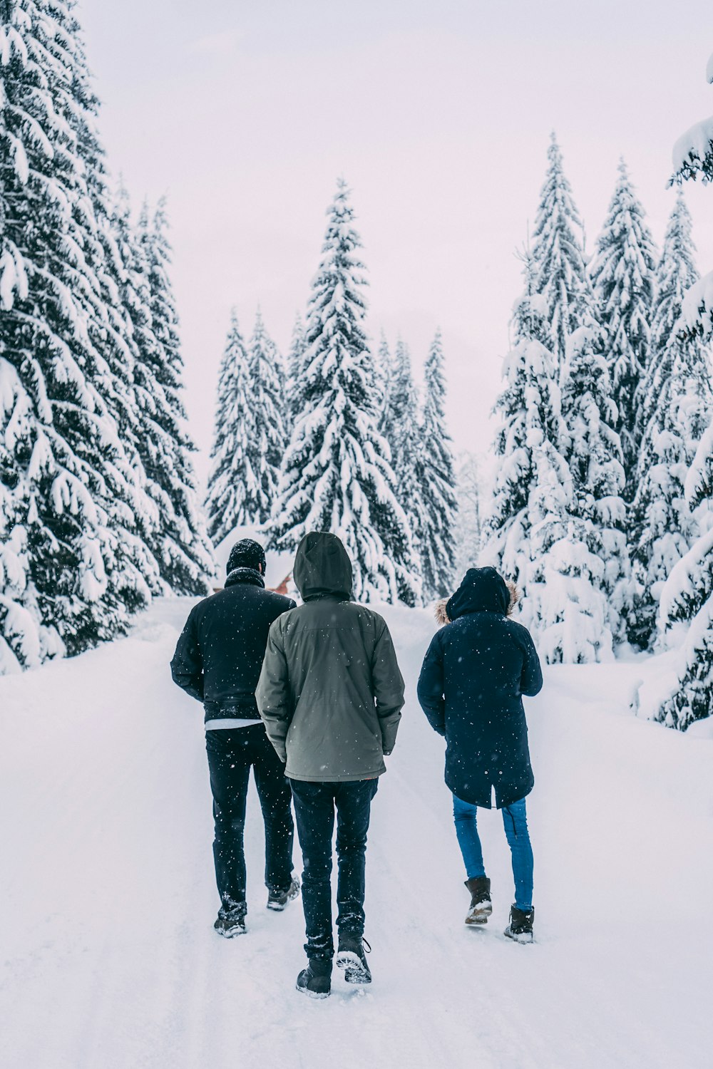 three persons walking on snowfield during daytime