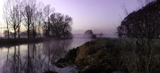 A serene landscape capturing a misty morning by the river