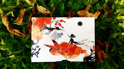 An artistic illustration featuring a central figure, possibly a woman, surrounded by flowing abstract shapes in vibrant orange and red hues. A bird is depicted in the scene, and the background is filled with imaginative design elements. The setting includes lush green grass and scattered brown leaves.