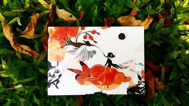 An artistic illustration featuring a central figure, possibly a woman, surrounded by flowing abstract shapes in vibrant orange and red hues. A bird is depicted in the scene, and the background is filled with imaginative design elements. The setting includes lush green grass and scattered brown leaves.