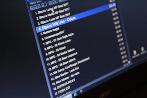 A computer screen displaying a list of audio tracks with their titles, durations, and file formats. The display is predominantly dark, creating a high contrast with the white and blue text.