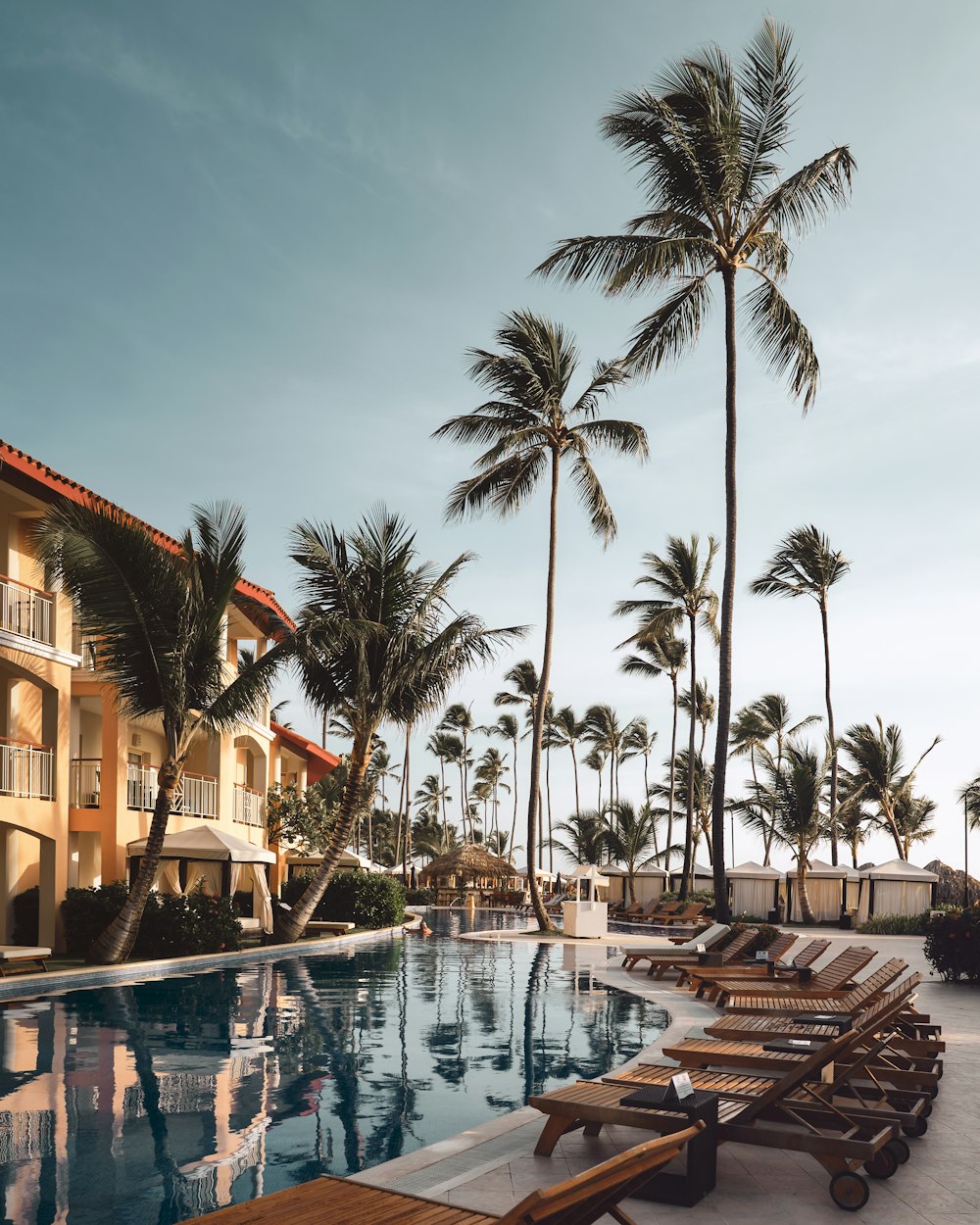 brown wooden lounge chairs near pool surrounded by palm trees